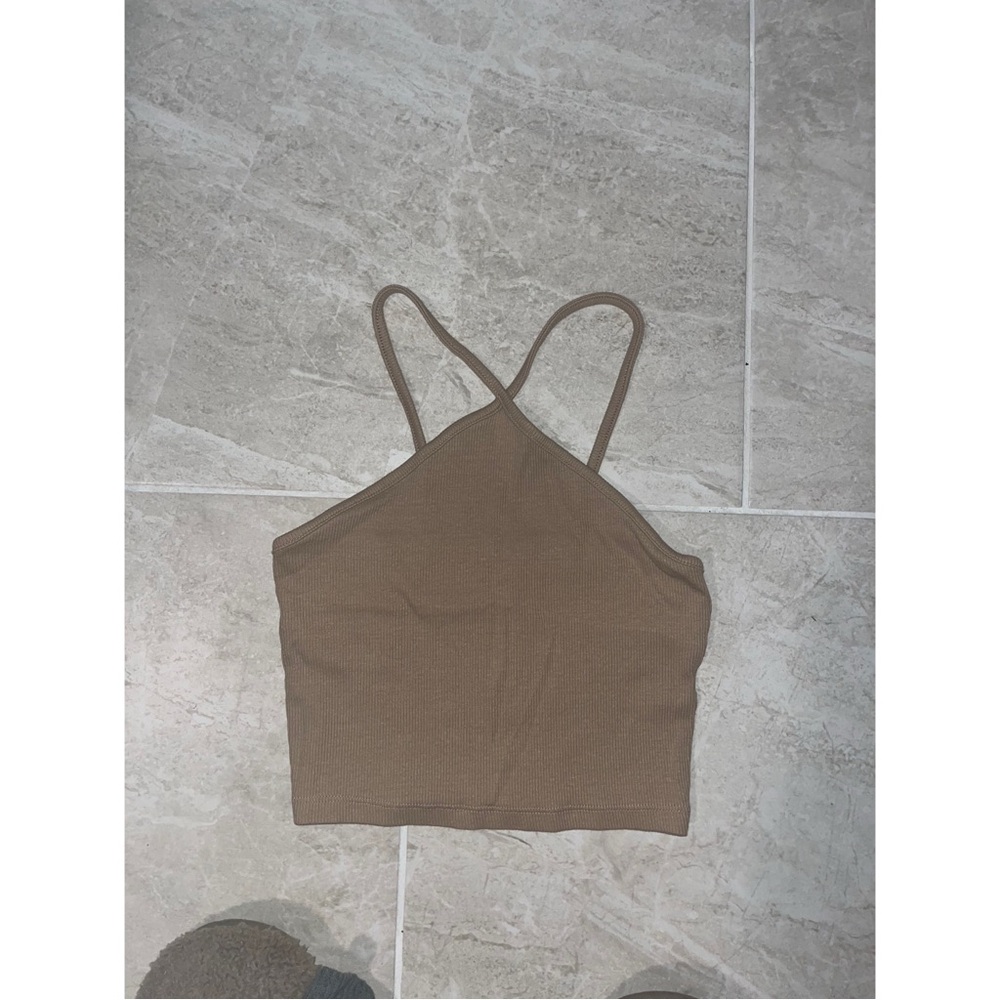 Zara Taupe Ribbed Cropped Cami with Cross Straps